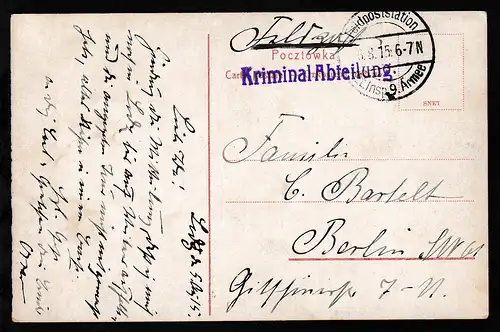 Feldpoststation Et. Insp. 9. Armee 6.8.15 + L1 Kriminal Abteilung 