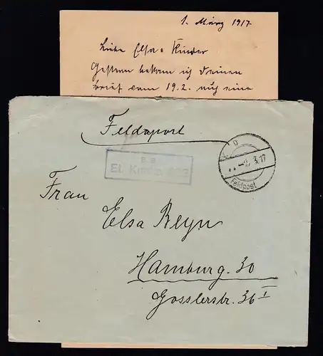 K D Feldpost … 2.3.17 + R2 B.S. Et. Kmdtr. 263 auf Feldpostbrief mit Inhalt, 