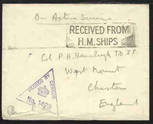 R2 RECEIVED FROM H.M. SHIPS + Zensurstempel PASSED BY CENSOR No. 1423 auf Brief