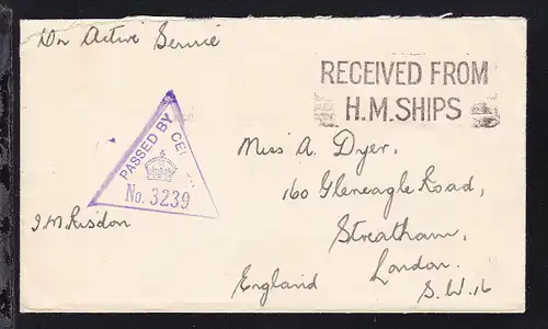 R2 RECEIVED FROM H.M. SHIPS + Zensurstempel PASSED BY CENSOR No. 3239 auf Brief