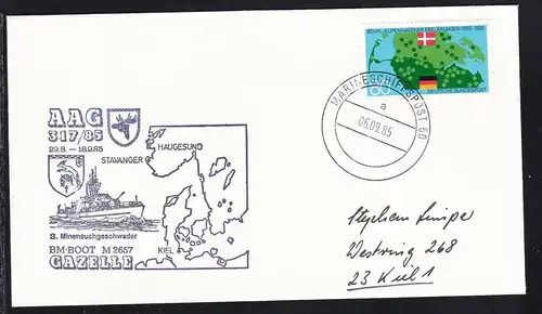 MARINESCHIFFSPOST 50 a 06.09.85 + Cachet BM-Boot "Gazelle" AAG 317/85 auf Brief