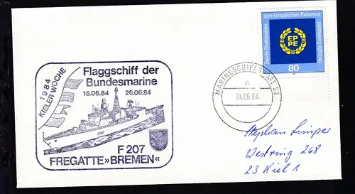 MARINESCHIFFSPOST 52 a 24.06.84 + Cachet Fregatte "Bremen" auf Brief