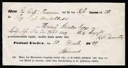 Emden 1849 Quittung für vorausbezahltes Zeitungsabonnement für das Jahr 1850
