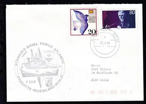 MARINESCHIFFSPOST 01 a 22.2.89 + Cachet Fregatte "Rheinland-Pfalz" auf Brief