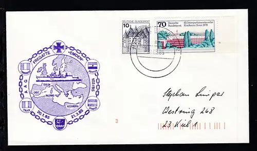MARINESCHIFFSPOST 02 a 21.03.85 + Cachet Fregatte "Emden" AAG 102/85 auf Brief