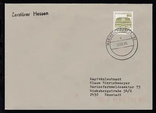 MARINESCHIFFSPOST 02 a 17.05.85 + L1 Zerstörer Hessen auf Brief