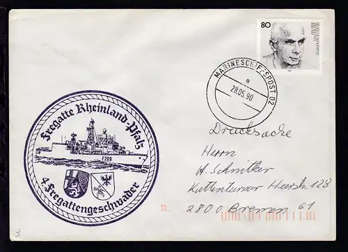MARINESCHIFFSPOST 02 a 28.05.90 + Cachet Fregatte "Rheinland-Pfalz" auf Brief