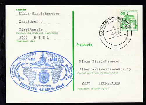 MARINESCHIFFSPOST 03 a 8.5.81 + Cachet Fregatte "Lübeck" AAG 1981 auf Ganzsache