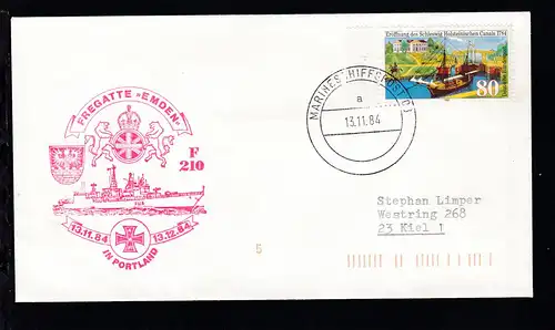 MARINESCHIFFSPOST 03 a 13.11.84 + Cachet Fregatte "Emden" auf Brief