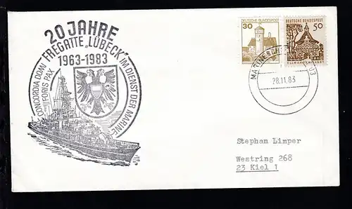 MARINESCHIFFSPOST 03 a 28.11.83 + Cachet 20 Jahre Fregatte "Lübeck" auf Brief