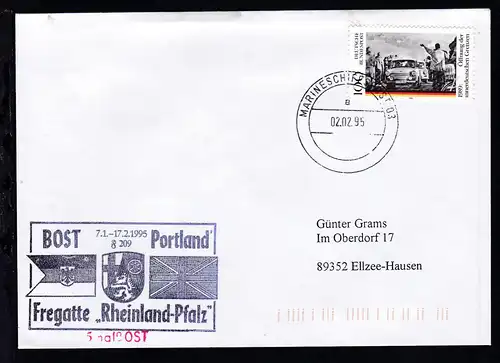 MARINESCHIFFSPOST 03 a 02.02.95 + Cachet Fregatte "Rheinland-Pfalz" auf Brief