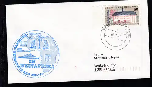 MARINESCHIFFSPOST 04 a 26.1.87 + Cachet Zerstörer "Hamburg" AAG 102/87 auf Brief