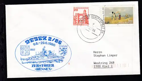 MARINESCHIFFSPOST 04 a 11.06.86 + Cachet Zerstörer "Hessen" DESEX 2/86 auf Brief