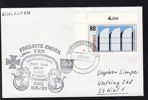 MARINESCHIFFSPOST 04 a 23.04.83 + Cachet Fregatte "Emden" AAG 106/83 auf Brief