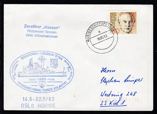 MARINESCHIFFSPOST 04 a 18.05.83 + Cachet Zerstörer "Hessen" auf Brief