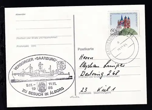 MARINESCHIFFSPOST 51 a 29.10.85 + Cachet Versorger "Saarburg" auf Postkarte