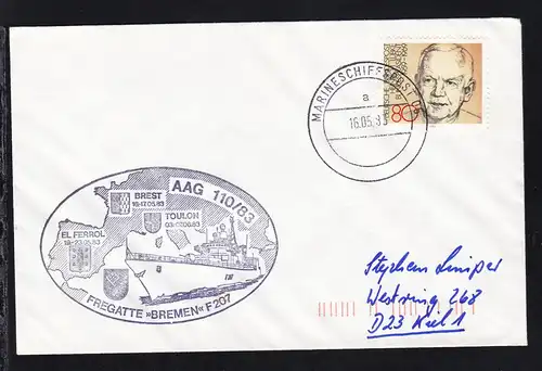 MARINESCHIFFSPOST 05 a 16.05.83 + Cachet Fregatte "Bremen" AAG 110/83 auf Brief
