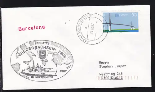 MARINESCHIFFSPOST 07 a 31.10.87 + Cachet Fregatte "Niedersachsen" auf Brief