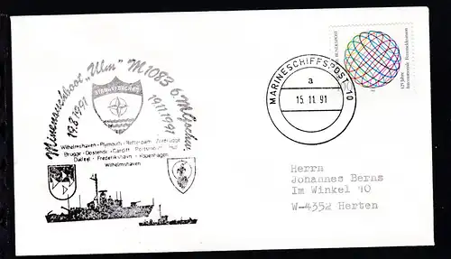 MARINESCHIFFSPOST 10 a 15.11.91 + Cachet Minensuchboot "Ulm" auf Brief