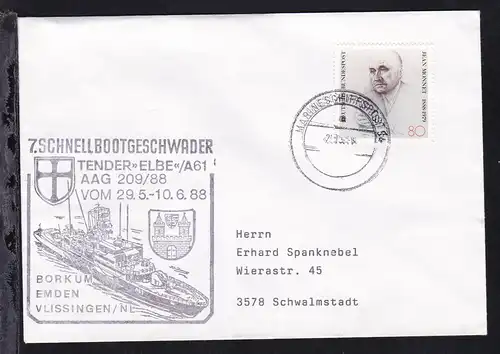 MARINESCHIFFSPOST 54 a 29.05.88 + Cachet 7. Schnellbootgeschwader Tender "Elbe" 