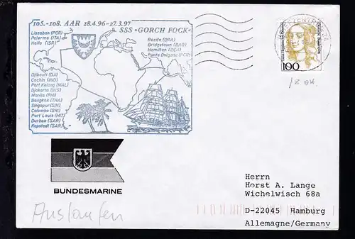 Briefzentrum 24 18.4.96 + Cachet SSS "Gorch Fock" 105.-108. AAR auf Brief