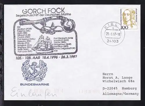 OSt. Kiel 26.3.97 + Cachet SSS "Gorch Fock" 105.-108. AAR auf Brief