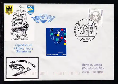 KIEL 1 24103 KIELER WOCHE 1999 19.-27. JUNI 19.6.1999 + Cachet SSS "Gorch Fock" 