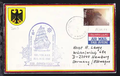 OSt. Marbella 12.01.04 + Cachet SSS "Gorch Fock" 133./134. AAR auf Brief