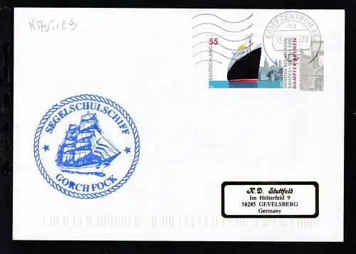 Briefzentrum 26 23.8.04 + Cachet SSS "Gorch Fock" auf Brief
