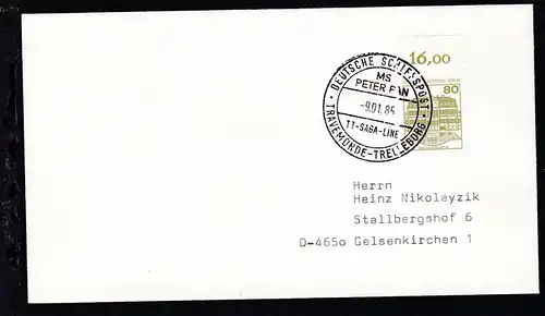 DEUTSCHE SCHIFFSPOST MS PETER PAN TT-SAGA-LINE TRAVEMÜNDE-TRELLEBORG 9.01.85