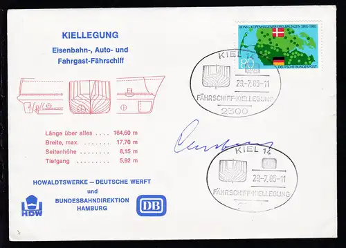 KIEL 14 2300 FÄHRSCHIFF-KIELLEGUNG 29.7.85 auf Sonderumschlag  mit Unterschrift