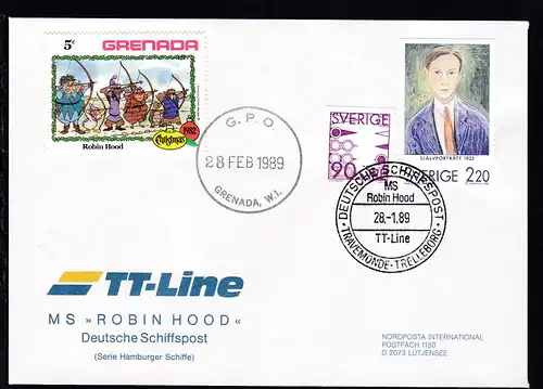 DEUTSCHE SCHIFFSPOST MS Robin Hood TT-Line TRAVEMÜNDE-TRELLEBORG 28.1.89 + K1 