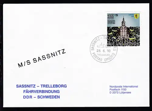 SASSNITZ-TRELLEBORG TRELLEBORG POSTAD OMBORD 28.6.90 + L1 M/S SASSNITZ