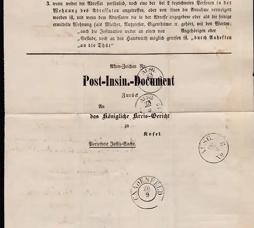 Gnadenfeld 1859 K2 GNADENFELD 26.9. auf Post-Insinuations-Dokumement nach Kosel
