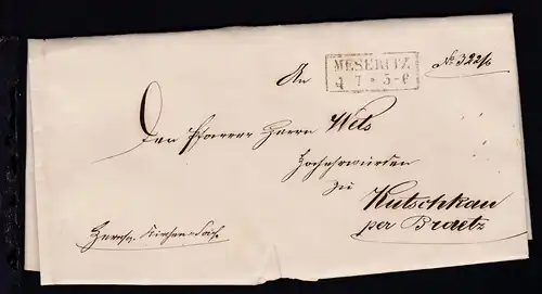 Meseritz 1854 R2 MESERITZ 4.7. auf Dienstbrief nach Kutschkau