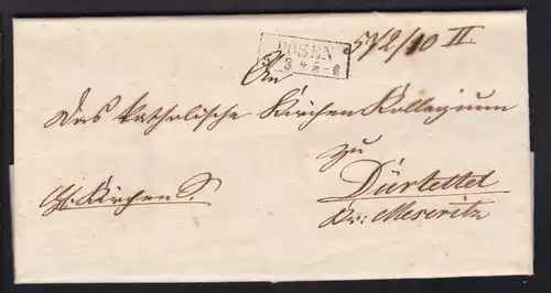 Posen 1853 R2 POSEN 5.3. auf Dienstbrief nach Dürlettel Kr. Meseritz
