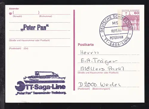 DEUTSCHE SCHIFFSPOST MS PETER PAN TT-SAGA-LINE 18.09.84 + Cachet auf Ganzsache
