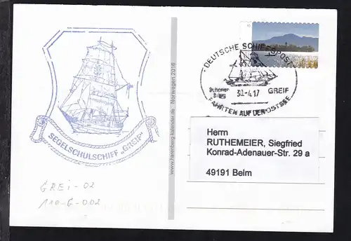 DEUTSCHE SCHIFFSPOST Schonerbrigg GREIF FAHRTEN AUF DER OSTSSEE 30.4.17 + Cachet