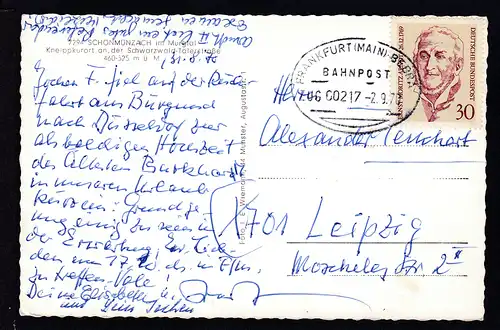 FRANKFURT (MAIN)-BEBRA BAHNPOST ZUG 00217 2.9.70 auf AK (Schönmünzach)