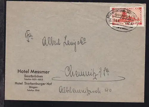 FRANKFURT (MAIN)-SAARBRÜCKEN BAHNPOST Z. 141 1.12.30 auf Brief des Hotel Messmer