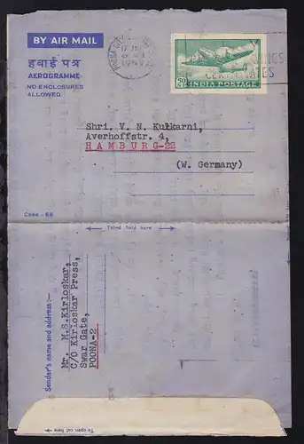 Aerogramm 50 NP ab Poona City 17 JNE 1957 nach Hamburg