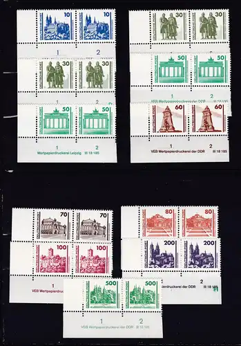 Bauwerke Eckrandpaare mit Druckvermerk **, 30 Pfg. und 50 Pfg. mit DV 1 und DV 2