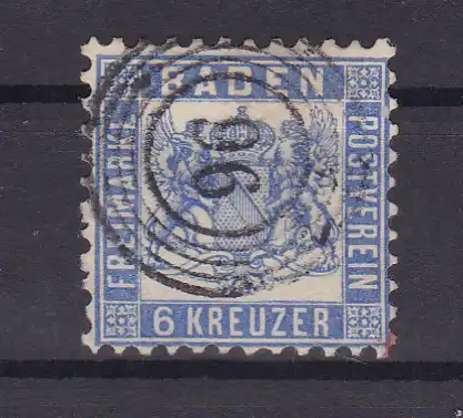 Wappen 6 Kr. mit Nummernstempel 96 (= Muggensturm), Marke dünne Stelle