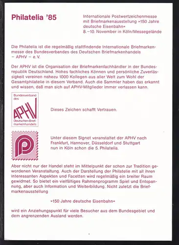 Sonderblatt Ausstellung "150 Jahre Deutsche Eisenbahnen" Köln 1985