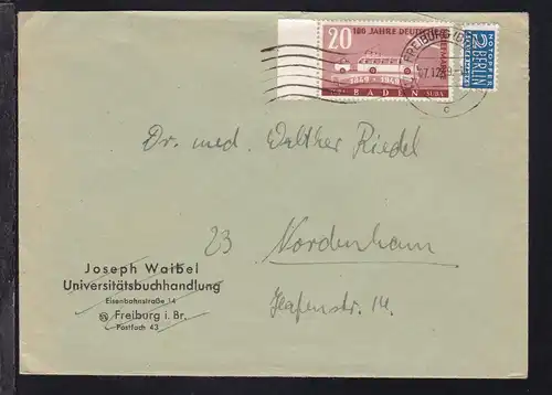 100 Jahre Deutsche Briefmarken 20 Pfg. Randstück auf Brief ab Freiburg 