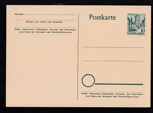 Württemberg Postkarte 10 Pfg.