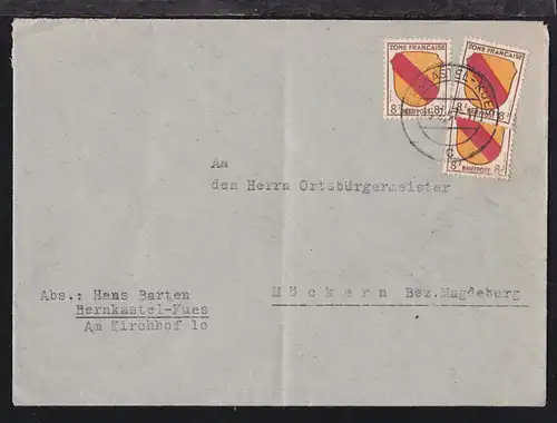 Wappen 8 Pfg. (3x) auf Brief ab Bernkastel-Kues 15.2.47 nach Möckern 