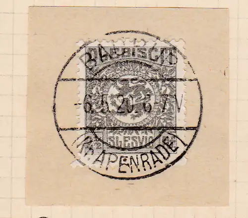 Wappen 2½  Pfg. auf Briefstück mit Stempel BAURUP (Kr. APENRADE) 6.5.20