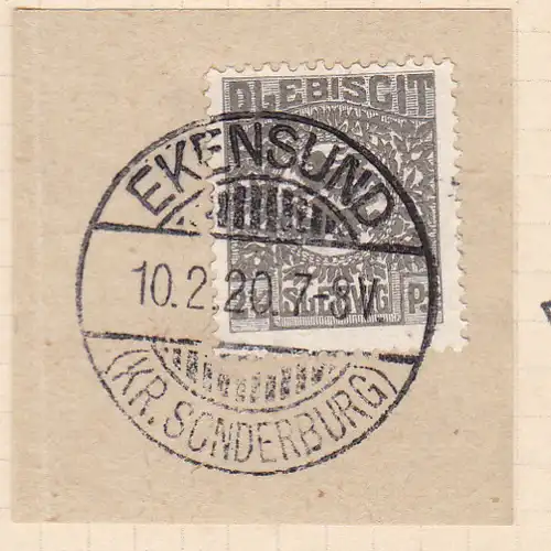 Wappen 2½  Pfg. auf Briefstück mit Stempel EKENSUND (KR. SONDERBURG) 10.2.20