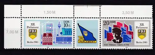 XII. Parlament der FDJ Berlin 1985 Zusammendruck Eckrandstück **